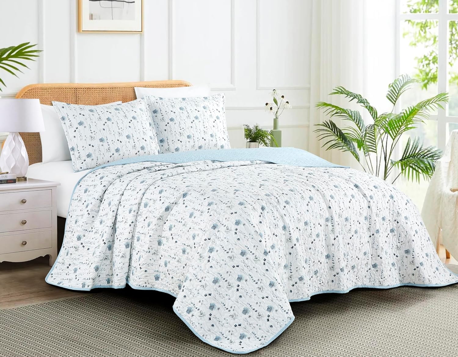 Chezmoi Collection Set Biancheria Letto 3 Pezzi Fran – Piumone 218x223 Cm E 2 Federe – Motivo Floreale Bohémien Blu E Bianco