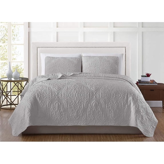 Chezmoi Collection Frederick 3-Piece Lightweight Cooling Quilt Set, Bamboo Fiber Medallion Embroidery Quilted Coverlet Set (Queen, Light Gray)