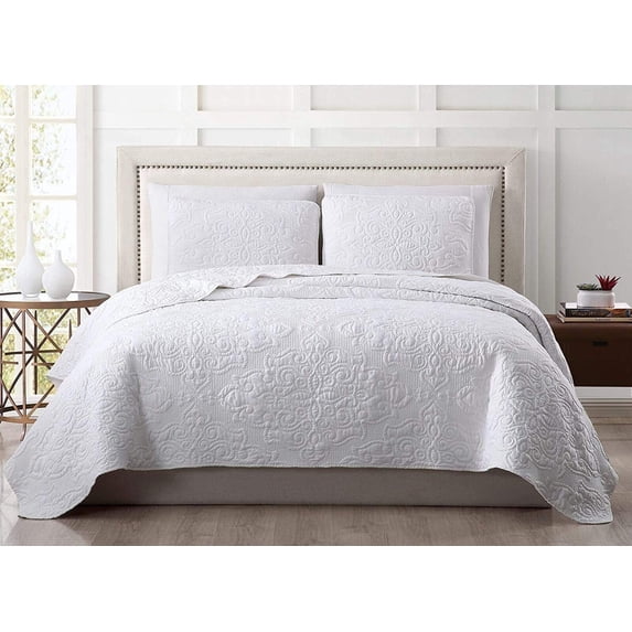 Chezmoi Collection Frederick 3-Piece Lightweight Cooling Quilt Set, Bamboo Fiber Medallion Embroidery Quilted Coverlet Set (Queen, White)