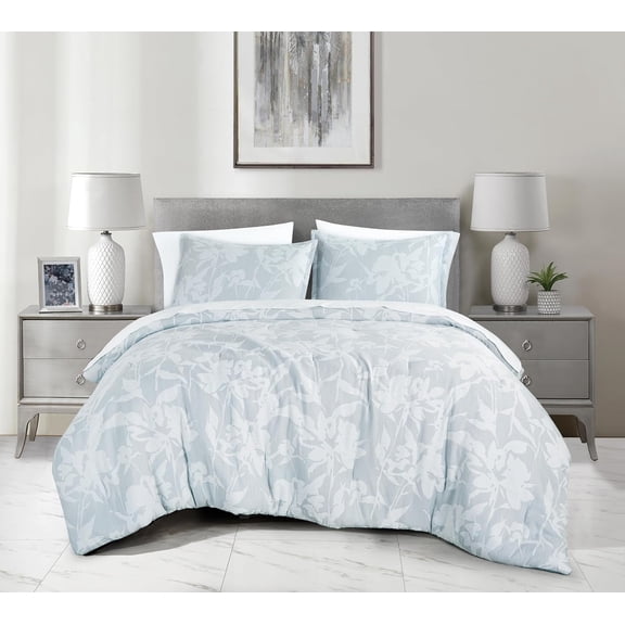 Chezmoi Collection Freesia 7-Piece Floral Bed in a Bag King, Gray/White, Jacquard Textured Lightweight Bedding for All Season (1 Comforter, 2 Shams, 2 Pillowcases, 1 Flat Sheet, 1 Fitted Sheet)
