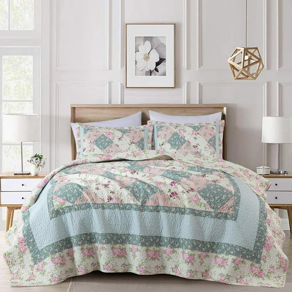 Chezmoi Collection Gayle 1-Piece Cotton Patchwork Quilted Throw - Vintage Washed Floral, Soft Breathable Reversible Quilt for All Seasons. Throw Blanket