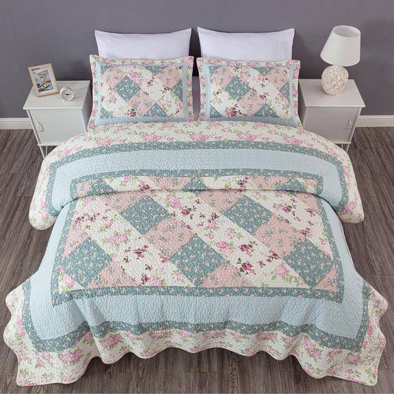 Chezmoi Collection Gayle 2-Piece Cotton Patchwork Quilt Set, Vintage Washed Floral, Soft Breathable Reversible Quilt for All Seasons. Twin Size
