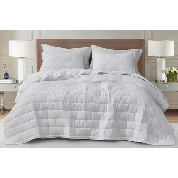 Chezmoi Collection George 3-Piece Jacquard Quilt Set King Size, White Textured Woven Lightweight Rectangle Quilted Bedspread for All Seasons (1 Quilt 108x96 inches, 2 Shams)