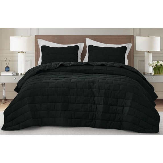Chezmoi Collection George 3-Piece Jacquard Quilt Set Queen Size, Black Textured Woven Lightweight Rectangle Quilted Bedspread for All Seasons (1 Quilt 92x96 inches, 2 Shams)