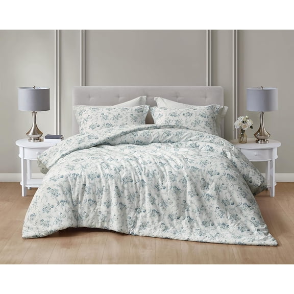 Chezmoi Collection Gigi 2-Piece Washed Cotton Comforter Set Twin Size, Elegant Blue Ivory White Floral Printed Bedding Set Reversible Lightweight Comforter for All Season