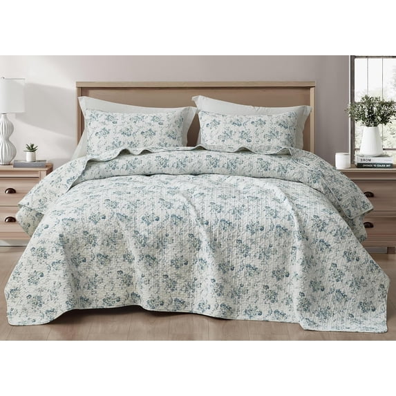 Chezmoi Collection Gigi 3-Piece Printed Floral Cotton Quilt Set Oversized King Size, Elegant Blue Ivory White Floral Flower, Stone Washed Cotton Breathable Lightweight Bedspread Set