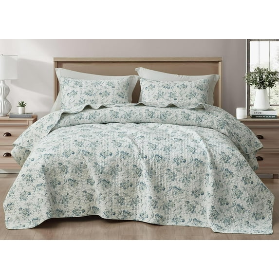 Chezmoi Collection Gigi 3-Piece Printed Floral Cotton Quilt Set Queen Size, Elegant Blue Ivory White Floral Flower, Stone Washed Cotton Breathable Lightweight Bedspread Set