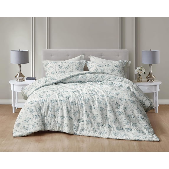 Chezmoi Collection Gigi 3-Piece Washed Cotton Comforter Set Full Size, Elegant Blue Ivory White Floral Printed Bedding Set Reversible Lightweight Comforter for All Season