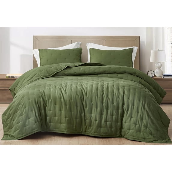 Chezmoi Collection Glen 3-Piece Crescent Stitched Quilt Set, King Size, Olive Green, Rayon Derived from Bamboo & Polyester Blended, Soft Breathable Cooling Bedspread for Hot Sleepers