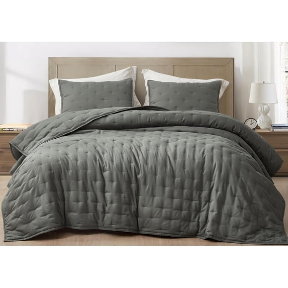Chezmoi Collection Glen 3-Piece Crescent Stitched Quilt Set, Oversized King Size, Dark Gray, Rayon Derived from Bamboo & Polyester Blended, Soft Breathable Cooling Bedspread for Hot Sleepers