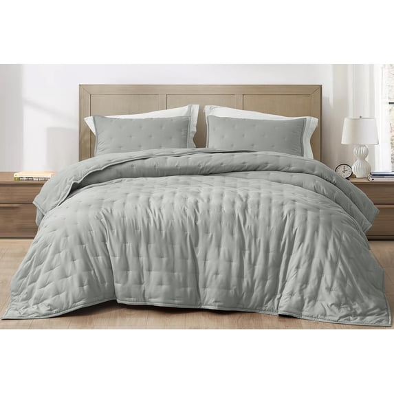 Chezmoi Collection Glen 3-Piece Crescent Stitched Quilt Set, Queen Size, Light Gray, Rayon Derived from Bamboo & Polyester Blended, Soft Breathable Cooling Bedspread for Hot Sleepers