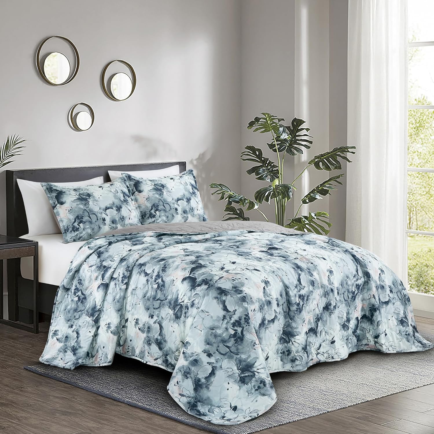 Chezmoi Collection Glory 3-Piece Floral Quilt Set Queen, Multicolor Blue White Gray Waterbrush Printed Microfiber Lightweight Bedspread Set for All season