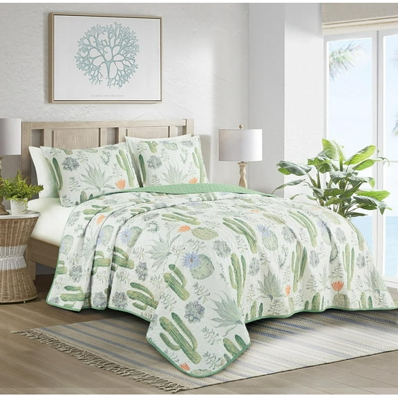 Chezmoi Collection Gregory 2-Piece Southwestern Serene Desert Quilt Set, Green Blue Cactus Succulent Plant Printed Microfiber Lightweight Quilted Bedspread Set, Twin (70" x 90")