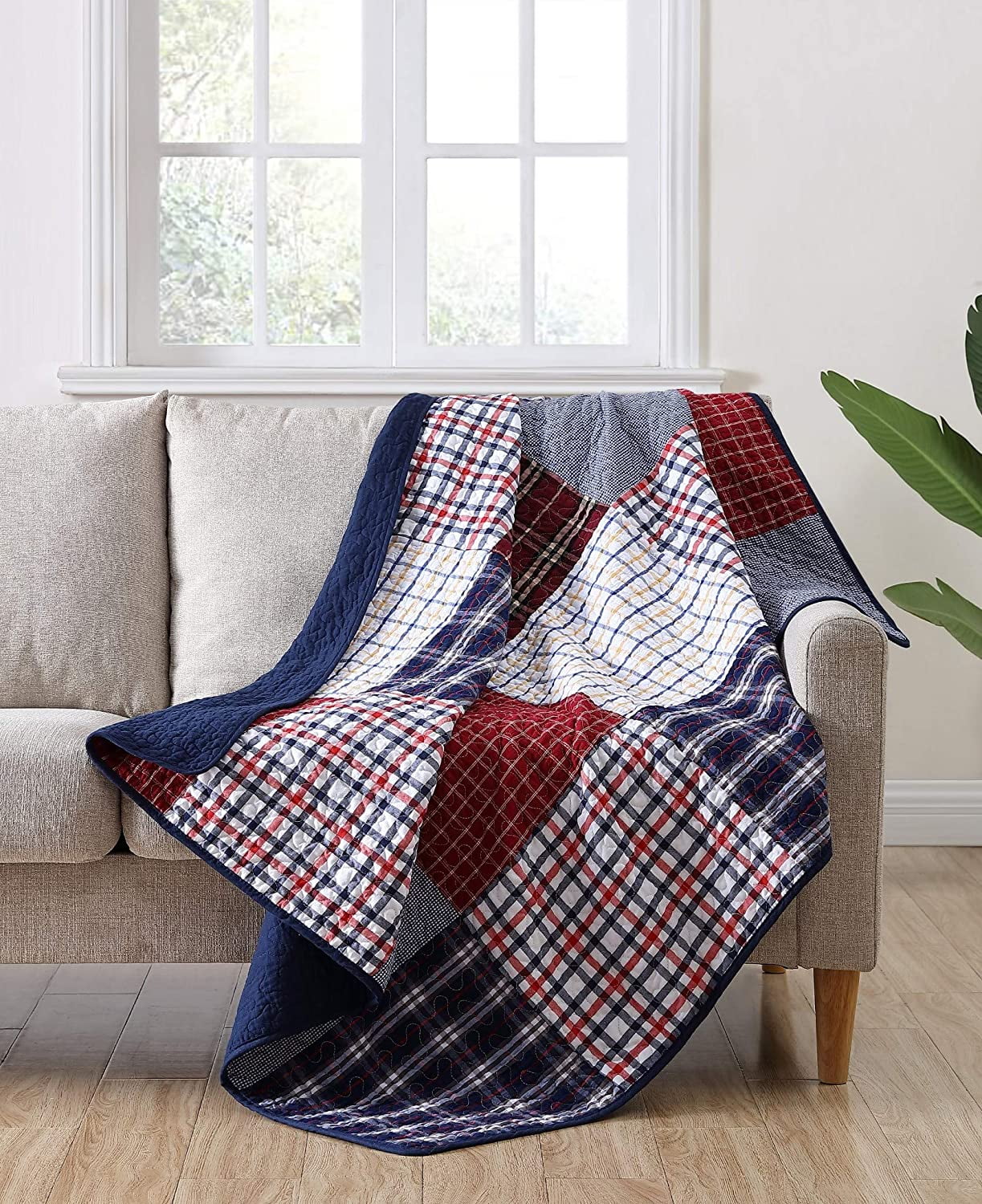 Chezmoi Collection Grizzly 1-Piece Plaid Checkered Patchwork Quilted Throw - Soft Breathable Vintage Washed Cotton Reversible Quilt for All Seasons. Throw Blanket