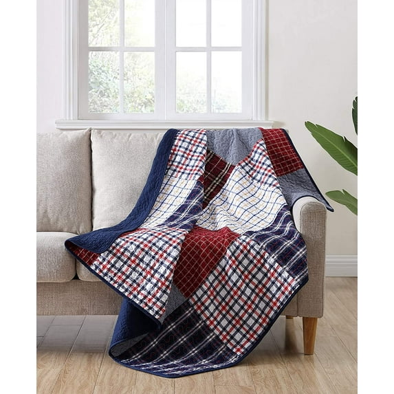 Chezmoi Collection Grizzly 1-Piece Plaid Checkered Patchwork Quilted Throw - Soft Breathable Vintage Washed Cotton Reversible Quilt for All Seasons. Throw Blanket