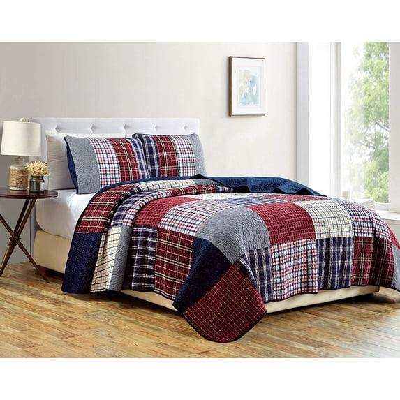 Chezmoi Collection Grizzly 3-Piece Plaid Checkered Patchwork Quilted 100% Vintage Washed Cotton Reversible Bedspread Quilt Set