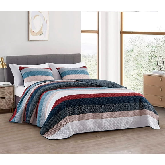 Chezmoi Collection 3-Piece Cotton Patchwork Striped Quilt Set, Solid Polka Dot Candy Stripe Lightweight Reversible Bedspread Set, King Size