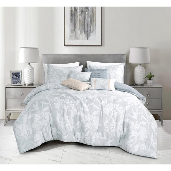Chezmoi Collection Heather 7-Piece Floral Comforter Set Queen Size, Gray/White, Soft Jacquard Textured Lightweight Bedding for All Season (1 Comforter, 2 Pillow Shams, 4 Decorative Cushion)