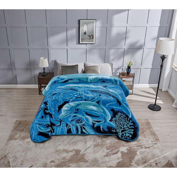 Chezmoi Collection Heavy Thick Korean Style Faux Mink Blanket Single Ply 9 Lbs, Reversible 750GSM Thick Silky Soft Plush Raschel Mink Blanket, 85" x 95" Asia King Size, Dolphins