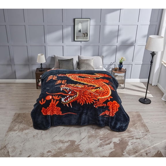 Chezmoi Collection Heavy Thick Korean Style Faux Mink Blanket Single Ply 9 Lbs, Reversible 750GSM Thick Silky Soft Plush Raschel Mink Blanket, 85" x 95" Asia King Size, Dragon