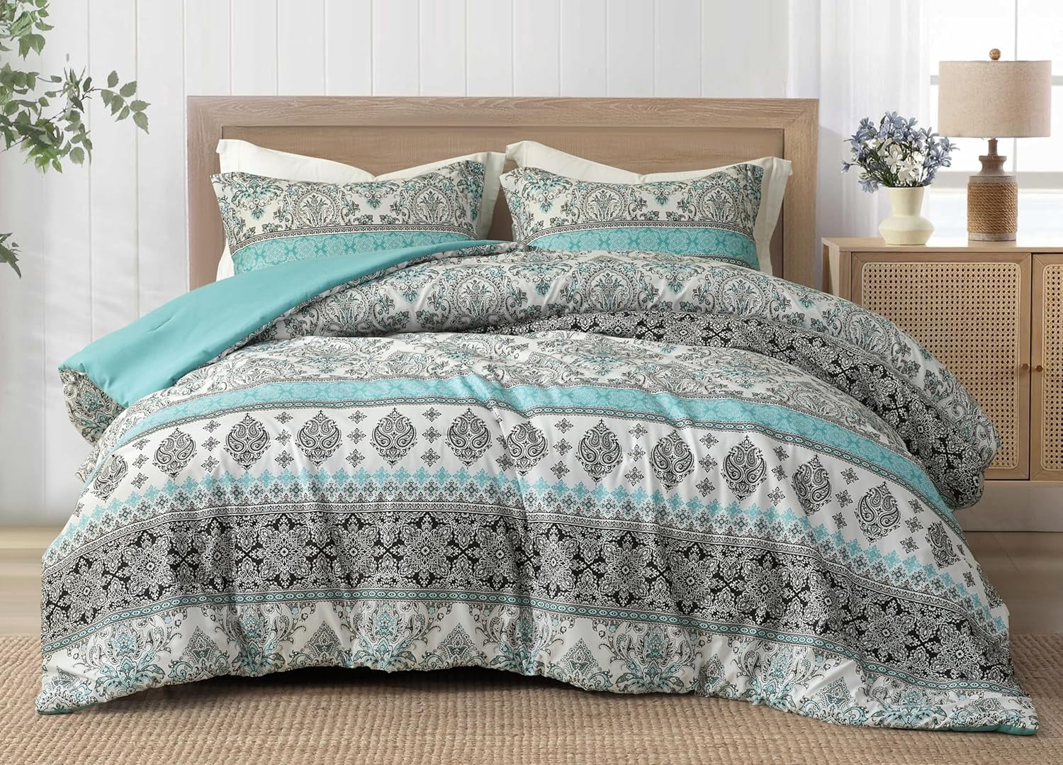 Chezmoi Collection Herald 2-Piece Printed Comforter Set, Aqua Blue Black White Boho Damask, Pre-Washed Microfiber Lightweight Bedding for All Seasons, Twin Size