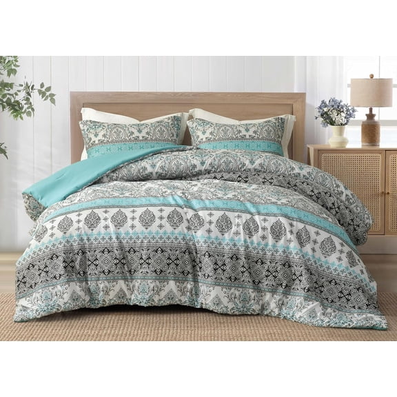 Chezmoi Collection Herald 3-Piece Printed Comforter Set, Aqua Blue Black White Boho Damask, Pre-Washed Microfiber Lightweight Bedding for All Seasons, King Size