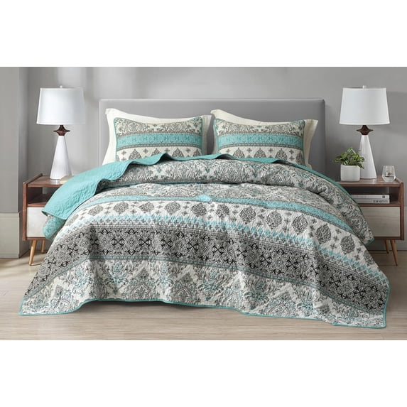 Chezmoi Collection Herald 3-Piece Printed Quilt Set, Aqua Blue Black White Boho Damask Coverlet, Pre-Washed Microfiber Lightweight Bedspread for All Seasons, Full Size