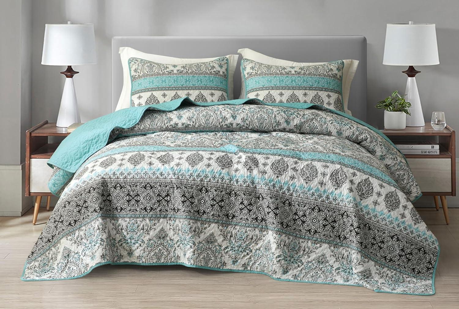 Chezmoi Collection Herald 3-Piece Printed Quilt Set, Aqua Blue Black White Boho Damask Coverlet, Pre-Washed Microfiber Lightweight Bedspread for All Seasons, King Size