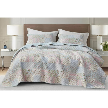 Chezmoi Collection Holly 2-Piece Stone-washed Cotton Quilt Set Twin Size - Printed Floral Patchwork Soft Breathable Lightweight Bedspread Set