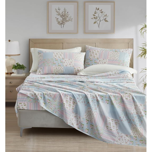 Chezmoi Collection Holly 3-Piece Floral Patchwork Cotton Sheet Set Twin, Flower Floral Candy Stripe Polka Dots Patchwork Printed 100% Cotton Bed Sheets