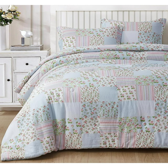 Chezmoi Collection Holly 3-Piece Washed Cotton Comforter Set Full Size, Floral Bedding Set Blue White Pink Green Polka Dot Printed Patchwork Reversible Lightweight Comforter for All Season
