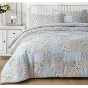Chezmoi Collection Holly 3-Piece Washed Cotton Comforter Set Queen Size, Floral Bedding Set Blue White Pink Green Polka Dot Printed Patchwork Reversible Lightweight Comforter for All Season