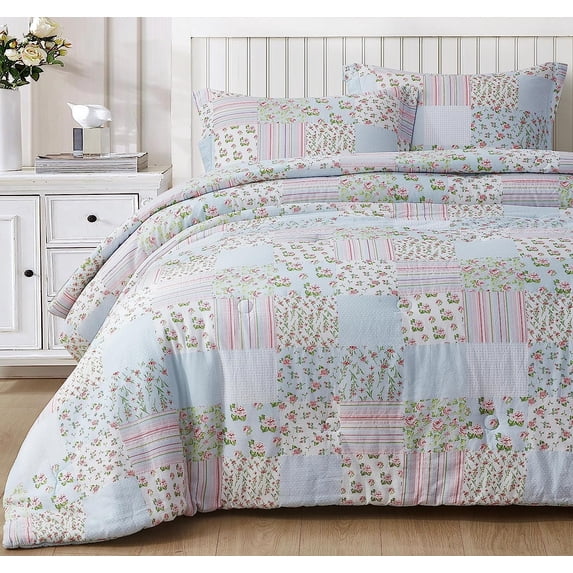 Chezmoi Collection Holly 3-Piece Washed Cotton Comforter Set Queen Size, Floral Bedding Set Blue White Pink Green Polka Dot Printed Patchwork Reversible Lightweight Comforter for All Season