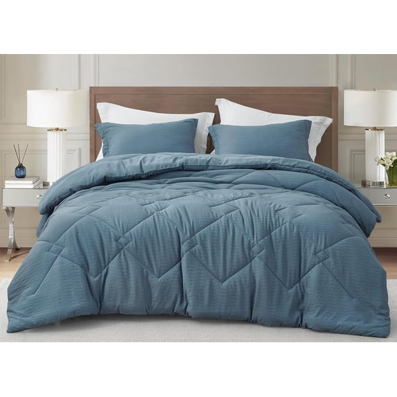 Chezmoi Collection Hugo 3-Piece Jacquard Comforter Set Full Size, Blue Textured Woven Lightweight Thin Comforter Summer Bedding