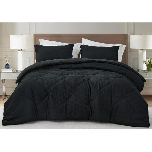 Chezmoi Collection Hugo 3-Piece Jacquard Comforter Set Oversized King Size, Black Textured Woven Lightweight Thin Comforter Summer Bedding