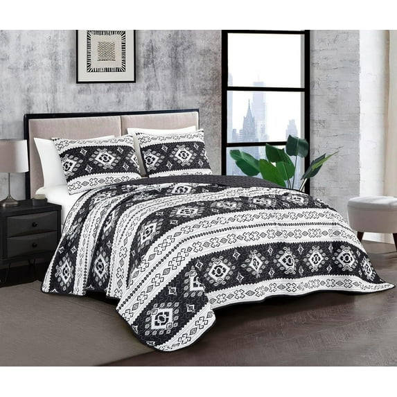 Chezmoi Collection Indie 3-Piece Southwestern Aztec Quilt Set - Black White Geometric hukfga Printed Microfiber Lightweight Quilted Bedspread Set, Queen (100" x 95")