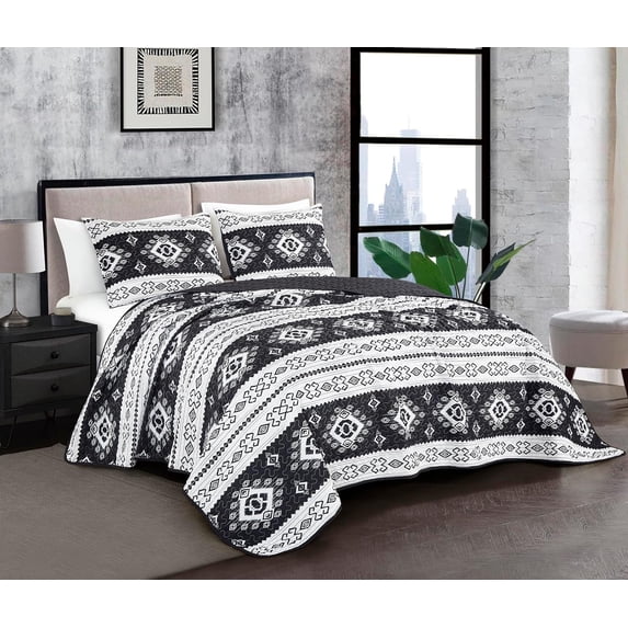 Chezmoi Collection Indie 3-Piece Southwestern Quilt Set, Black White Geometric Symbols Printed Microfiber Lightweight Quilted Bedspread Set, Twin