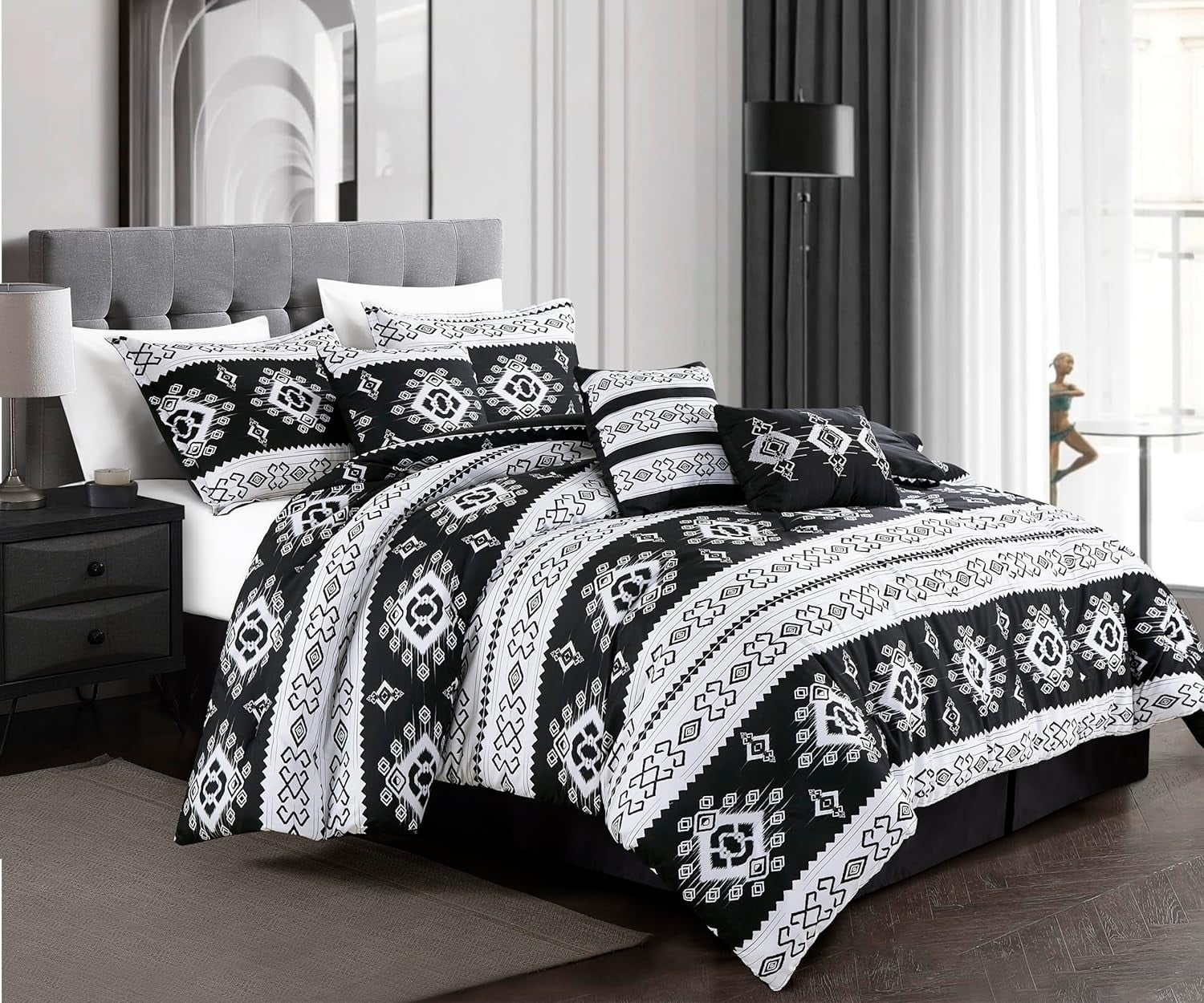 Chezmoi Collection Indie 7-Piece Southwestern Aztec Comforter Set, Black White Geometric Symbols Printed Washed Microfiber Bedding, Full