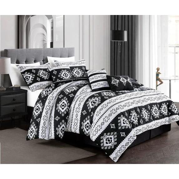 Chezmoi Collection Indie 7-Piece Southwestern Aztec Comforter Set, Black White Geometric Symbols Printed Washed Microfiber Bedding, King