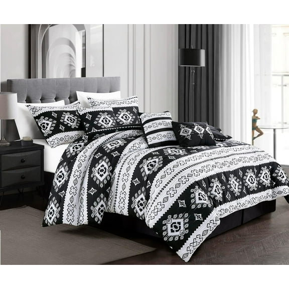 Chezmoi Collection Indie 7-Piece Southwestern Aztec Comforter Set, Black White Geometric Symbols Printed Washed Microfiber Bedding, Queen