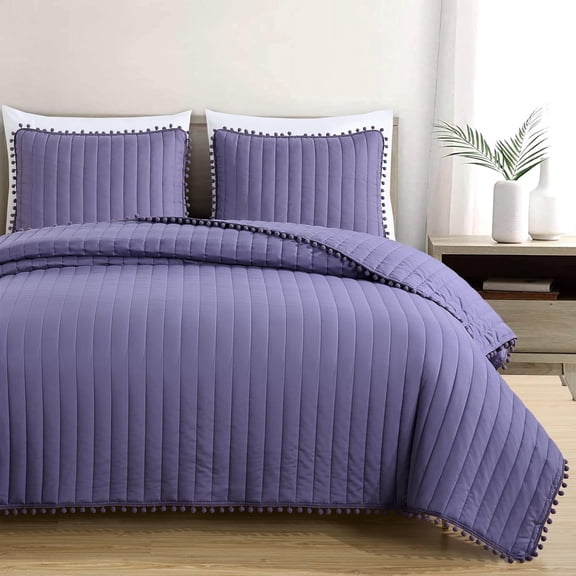 Chezmoi Collection Iris 2-Piece Washed Microfiber Quilt Set with Pom Pom Trim – Soft Lightweight Bedspread Bedding Set, Twin, Dusty Purple