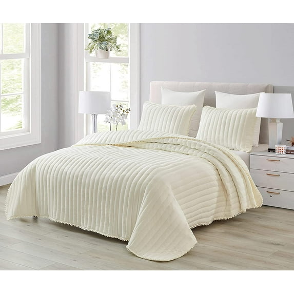 Chezmoi Collection Iris 2-Piece Washed Microfiber Quilt Set with Pom Pom Trim – Soft Lightweight Bedspread Bedding Set, Twin, Ivory