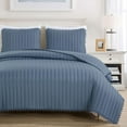 thumbnail image 1 of Chezmoi Collection Iris 3-Piece Washed Microfiber Quilt Set with Pom Pom Trim – Soft Lightweight Bedspread Bedding Set, King, Dusty Blue, 1 of 9