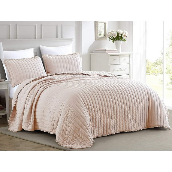 Chezmoi Collection Iris 3-Piece Channel Stitch Quilt Set, Pre-Washed Pom Poms Fringe Bedspread Coverlet, King, Pink