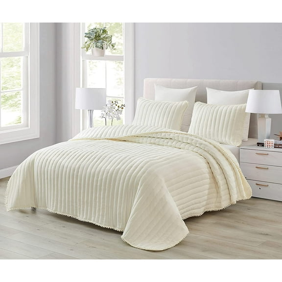 Chezmoi Collection Iris 3-Piece Washed Microfiber Quilt Set with Pom Pom Trim – Soft Lightweight Bedspread Bedding Set, Queen, Ivory
