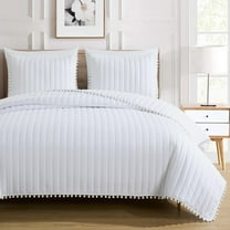 Chezmoi Collection Iris 3-Piece Washed Microfiber Quilt Set with Pom Pom Trim – Soft Lightweight Bedspread Bedding Set, Queen, White