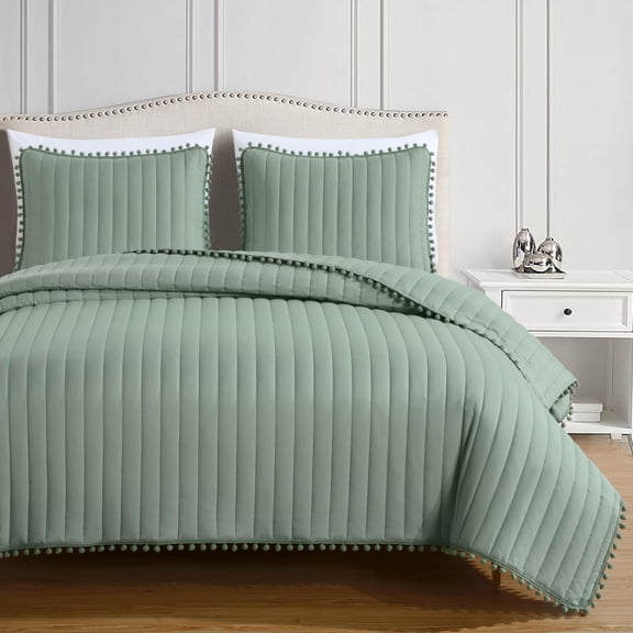 Chezmoi Collection Iris 3-Piece Washed Microfiber Quilt Set with Pom Pom Trim – Soft Lightweight Bedspread Bedding Set, King, Sage Green