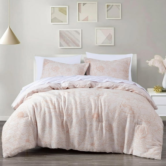 Chezmoi Collection Isla 7-Piece Floral Bed in a Bag Queen, White/Coral, Jacquard Textured Lightweight Comforter Bedding with Sheets Set for All Season