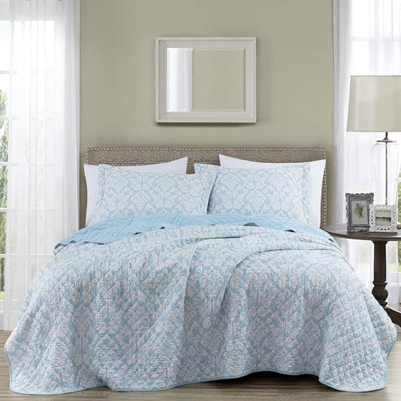 Chezmoi Collection Ivy Floral Medallion Quilt Set Queen Size, 3-Piece Blue/White Floral Printed Pre-Washed Reversible Microfiber Bedspread Set