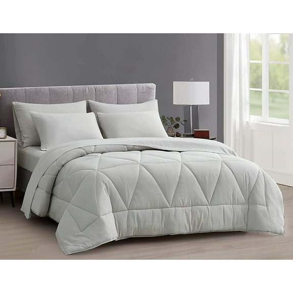 Chezmoi Collection Jasper 5-Pieces Bed in a Bag Comforter Set with Sheets, Geometric Triangle Quilted Double Brushed Microfiber Lightweight All Season Bedding Set, Twin, Light Gray